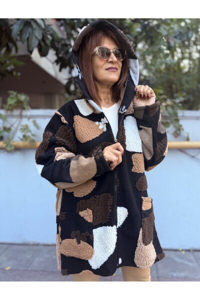 DenizEge Italian K Hooded Felt Coat Checkerboard Motif