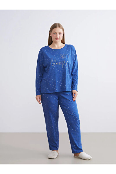 LC Waikiki Set de pijamale pentru femei LCW DREAM Blue guler rotund cu buline