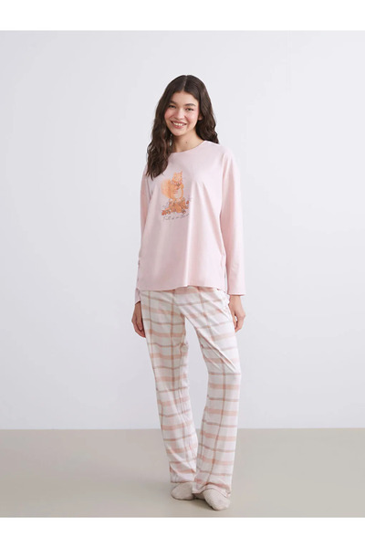 LC Waikiki LCW DREAM Pembe Büyük Beden Bisiklet Yaka Baskılı Kadın Pijama Takımı