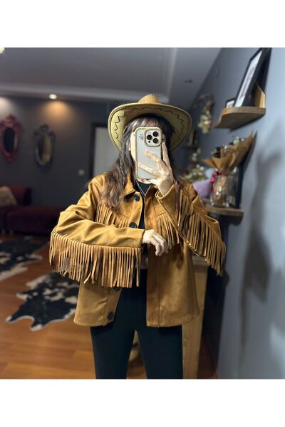 MODAGK سترة رعاة البقر من الجلد المدبوغ مع تفاصيل الشراشيب - طراز غربي