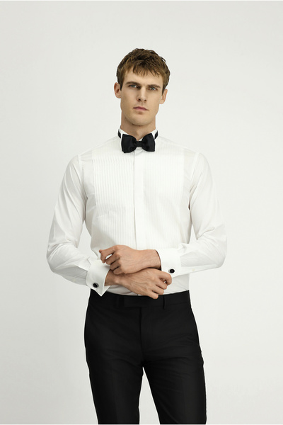 Kiğılı Ata Collar Slim Fit Slim Fit Pleated Cotton Shirt