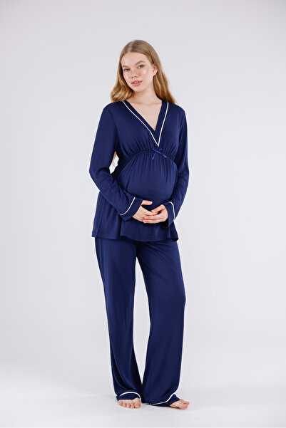 Yulem Homewear Navy Blue Piping Long Sleeve Cotton Maternity Pajama Set