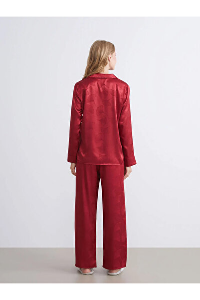 LC Waikiki LCW DREAM Kırmızı Gömlek Yaka Desenli Saten Kadın Pijama Takımı
