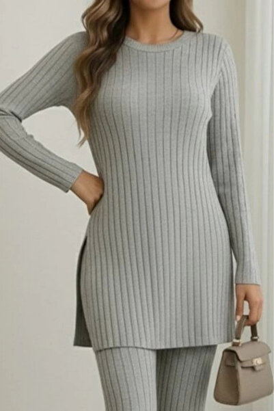 ARONA Mdb Women's Long Sleeve Round Neck Side Slit Detailed Ruffled Camisole Blouse and Pants Two-Piece Set