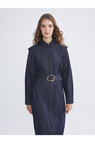 LC Waikiki LCW Modest Indigo Gömlek Yaka Kemerli Jean Elbise W5M594Z8