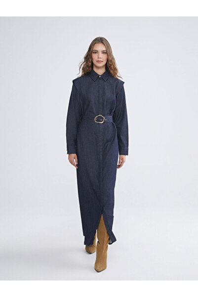 LC Waikiki LCW Modest Indigo Gömlek Yaka Kemerli Jean Elbise W5M594Z8