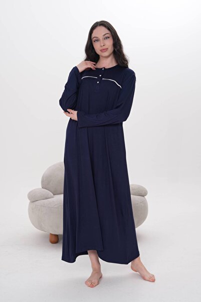 BLACKMORE Women's Navy Blue Piped Cotton Long Sleeve Plus Size (Oversized) Nightgown