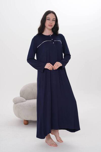 BLACKMORE Women's Navy Blue Piped Cotton Long Sleeve Plus Size (Oversized) Nightgown