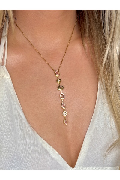 YOUES JEWELRY 316L Steel 7 Element Y Necklace Colorful Stone Women's Necklace