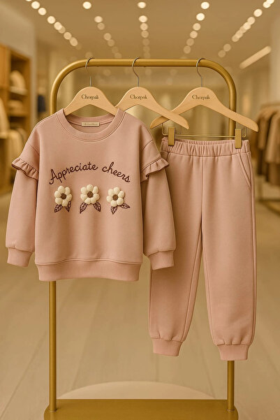 morpembej kadın erkek çocuk Girls' Ruffle Detailed 3D Floral Embroidered Sweatshirt & Sweatpants Set