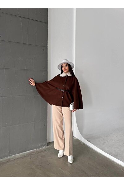 mafdress Women's Fur Collar Brown Belted Poncho