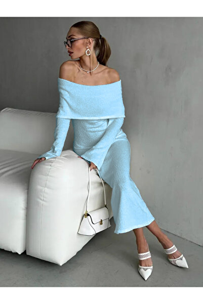 MAXXANA İspanyol Kol Madonna Yaka Dokulu Triko Elbise M-L-XL İçin Uygundur