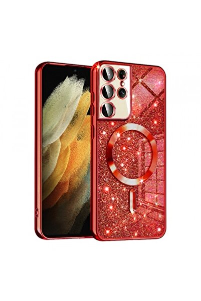 Stef's Cat MagSafe Case for Samsung Galaxy S21 Ultra 5G G998, Luxury Glitter, Red