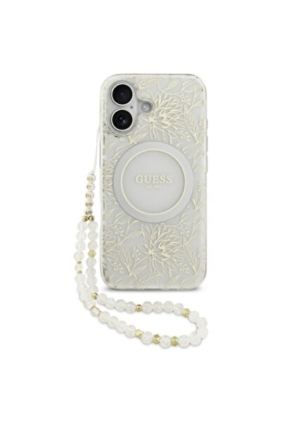 Guess Carcasă pentru iPhone 17, curea cu perle și flori MagSafe, U41, policarbonat, albă