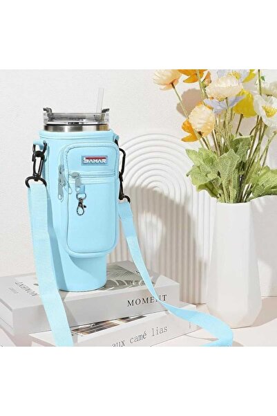 Samar Stanley 40 oz Tumbler Carrier Bag, Adjustable Shoulder Strap & Multiple Pockets, Smart Design | Attractive Sky Blue.