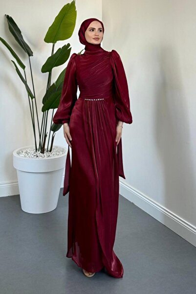 MERVEN AKYÜZ Cleane Beli Taşlı Ja Jan Abiye Bordo