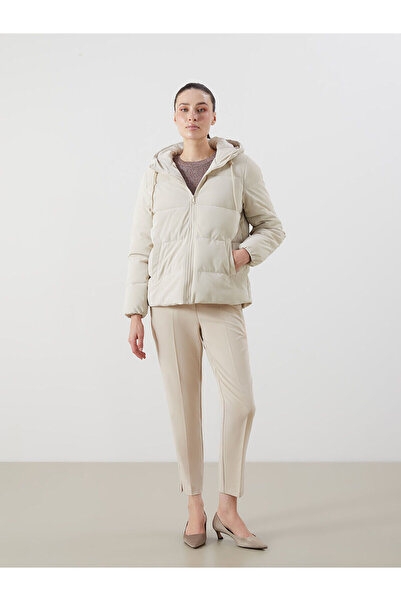 LC Waikiki Lcwaikiki Classic Ekru Hooded Women's Leather-Look Coat W5Bl99Z8