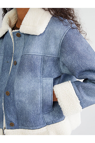 LC Waikiki Lcw Vision Blue Shirt Collar Women's Suede Coat W5Ce36Z8