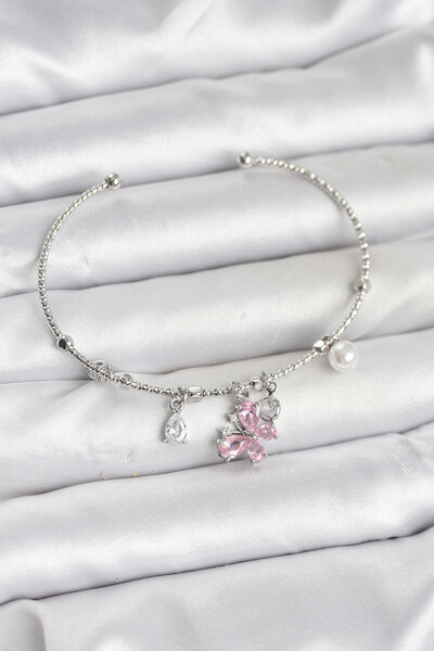 Epilons Silver Color Women's Bracelet with Pink Charms - Tj-Bb8032 Zenvia-Tg4356