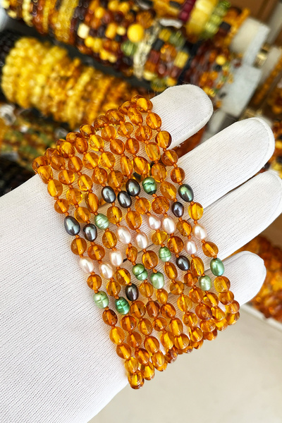 İpek Kehribar Baltic Drop Amber Children's Necklace, Amber Baby Tooth Necklace, Pearl Detail, Flat, Caramel, Silk-525