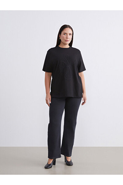 LC Waikiki Soulifeblack Plus Size Crew Neck Embroidered Women's T-Shirt