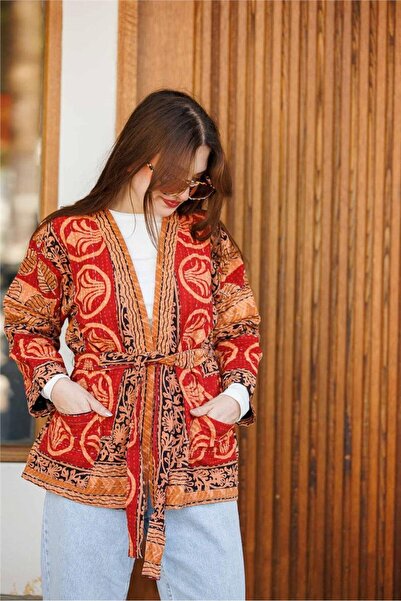 Miss Boheme Kahverengi Cep Detaylı Desenli Kemerli Patchwork Bohem Ceket