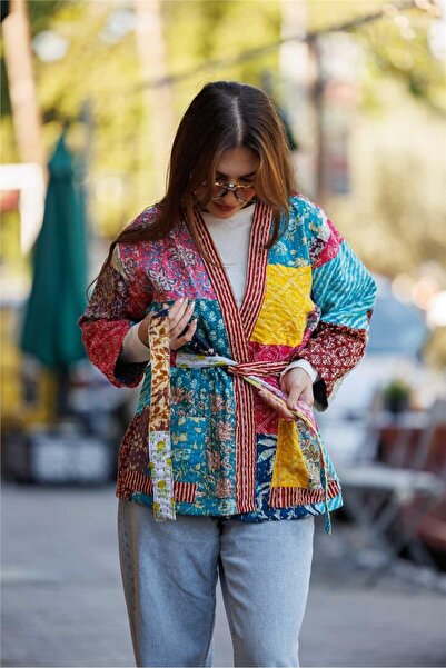 Miss Boheme Sarı Renk Cep Detaylı Desenli Kemerli Patchwork Bohem Ceket