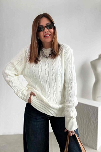 ELVAN TOLON Ecru Hair Braided Crew Neck Sweater