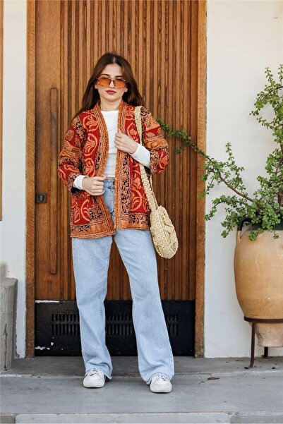 Miss Boheme Kahverengi Cep Detaylı Desenli Kemerli Patchwork Bohem Ceket