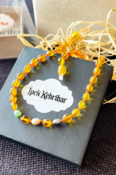 İpek Kehribar Baltic Drop Amber Children's Necklace, Amber Baby Tooth Necklace, Pearl Detail, Flat, Caramel, Silk-525