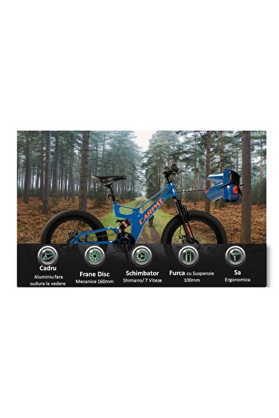 Carpat Pro Genius 20" Kids MTB, dual suspension, 7-speed, disc brakes, blue-orange