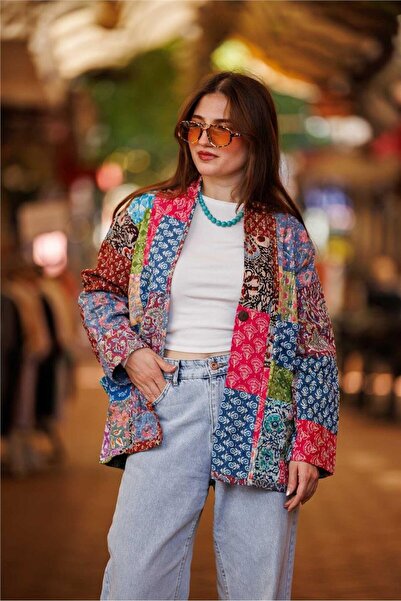 Miss Boheme Yeşil Renk Cep Ve Düğme Detaylı Patchwork Bohem Ceket