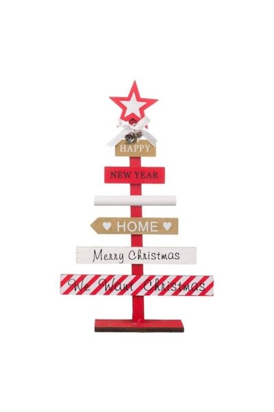 OEM Decorațiune de Crăciun - Brad din lemn cu mesaje, panglică albă și clopoț...