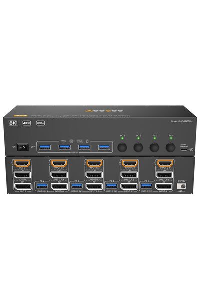 KVX Comutator KVM HDMI DisplayPort pentru 4 PC-uri, 3 monitoare, 8K la 60Hz / 4K la 144Hz