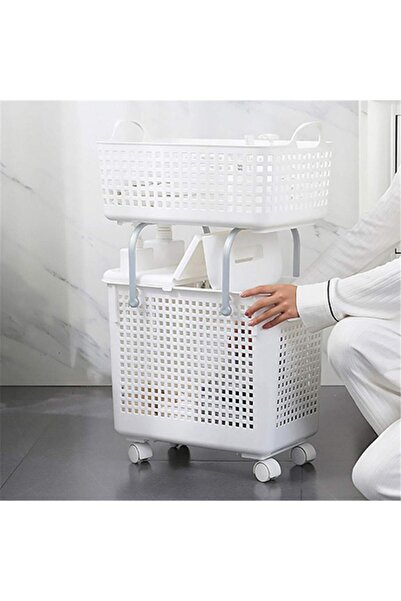 cc bin shihon Portable Bathroom and Laundry Storage and Organization Basket (2 Levels) with Easy-Move Wheels