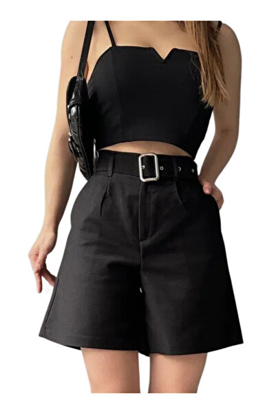 Genel Markalar Rahat Kesim Kemerli Şort -Siyah