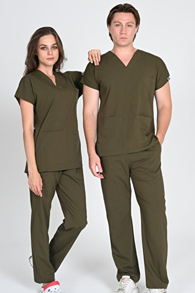 HEMİ Khaki Unisex Stretch Fabric Scrubs Doctor and Nurse Uniform Set Hospital...