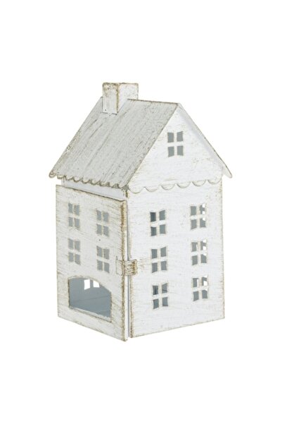 OEM Felinar decorativ metalic - Casă, alb cu auriu periat, 9x9x16,2 cm