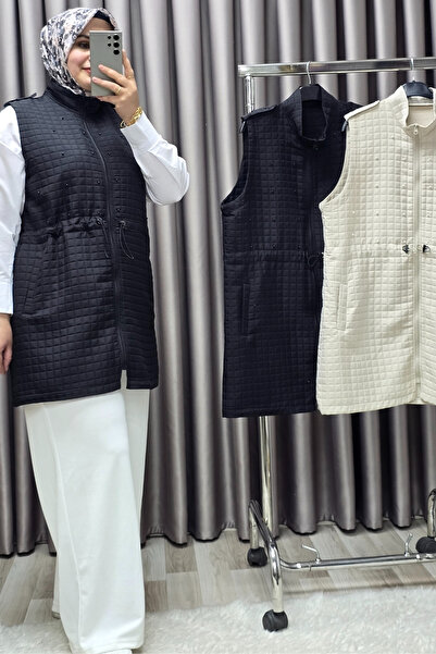 Elmas Tesettür Kadın Giyim Büyük Beden İnci Detay Kapitone Yelek