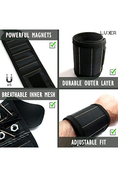 LUXER Magnetic Bracelet for Holding Screws, Tools, Nails, Drills With 15 Strong Neodymium Magnets