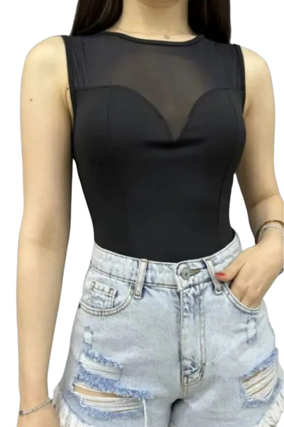 Nyx Giyim Tulle Detailed Diver Blouse-Black