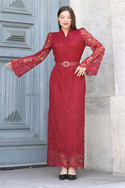 lodmela Hakim Collar Belted Lace Maxi Evening Dress 6032-Burgundy