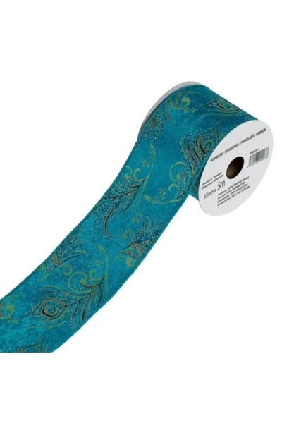 OEM Panglică decorativă de Crăciun - sclipici albastru-verde cu pene de păun 5m x 63mm