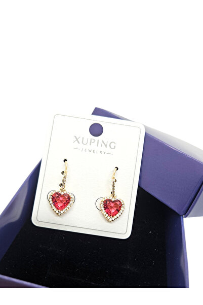 XUPING JEWELRY 18K Gold Renk Kırmızı Kalp Zirkon Çerçeveli Sallantılı Küpe |XP Baskılı 316L Çelik