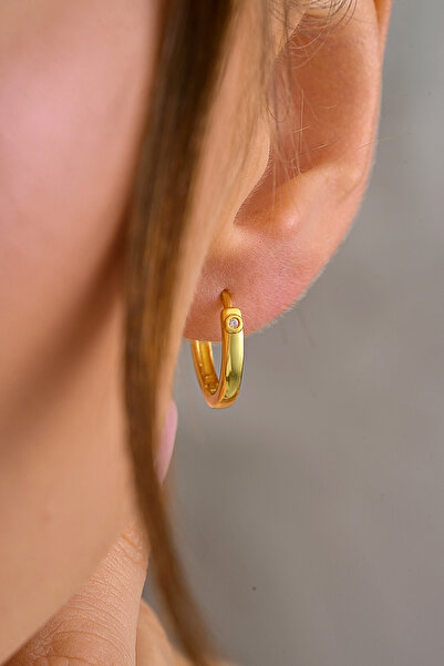 ESSARE 925 Ayar Gümüş Gold Kaplama Tektaş Detay 15 mm Halka Küpe