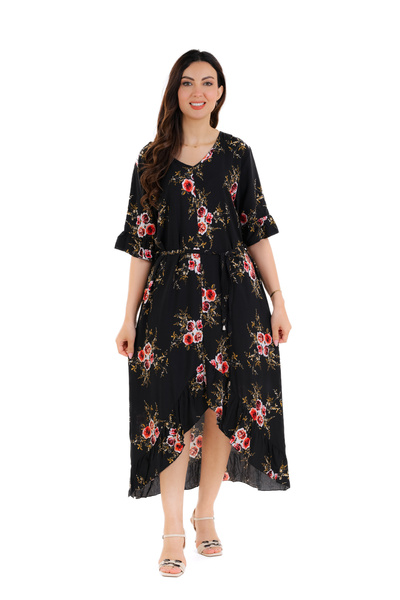 amaan Women's Floral Midi Jalabiya Dress, Rayon Cotton, V-Neck Bell Sleeves, daily and special occasion