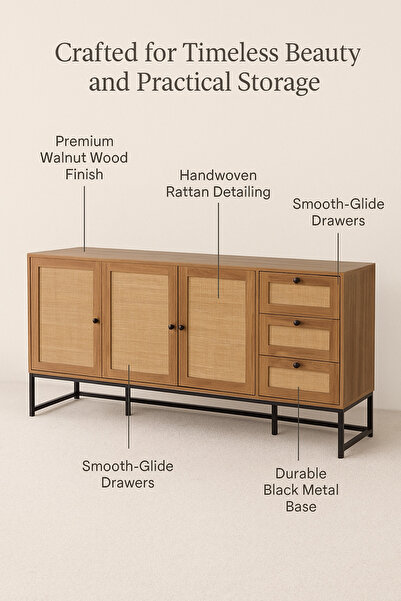 MARIA HOMES طاولة كونسول من خشب الجوز والرتان، مقاس 160×40×85 سم - خزانة تخزين خشبية حديثة بأربعة أبواب وثلاثة أدراج