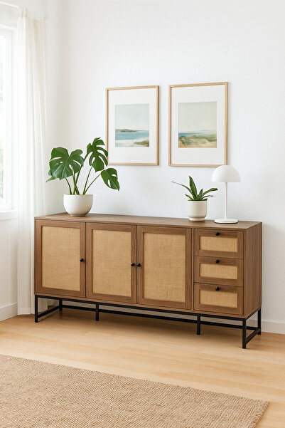 MARIA HOMES طاولة كونسول من خشب الجوز والرتان، مقاس 160×40×85 سم - خزانة تخزين خشبية حديثة بأربعة أبواب وثلاثة أدراج