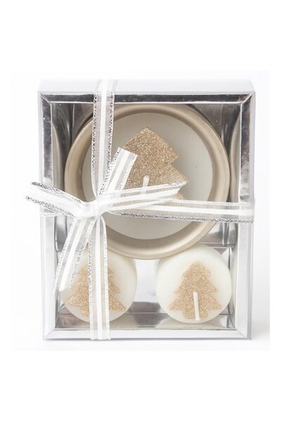 OEM Set of 3 Christmas decorative candles, round, with tree, gift box with bow, 12x10 cm, Silver