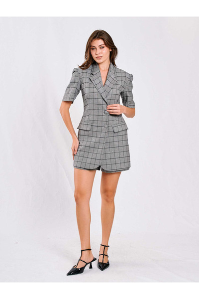 Womengrom Lefon Women's Short Sleeve Plaid Double-Breasted Jacket Shorts Set